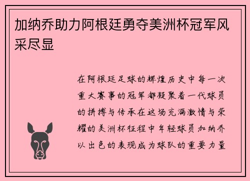 加纳乔助力阿根廷勇夺美洲杯冠军风采尽显 加纳乔助力阿根廷勇夺美洲杯冠军风采尽显