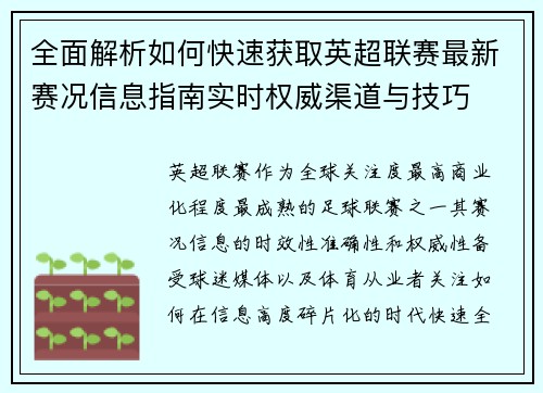 全面解析如何快速获取英超联赛最新赛况信息指南实时权威渠道与技巧