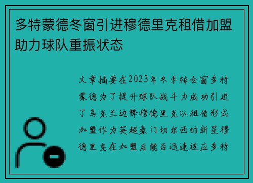 多特蒙德冬窗引进穆德里克租借加盟助力球队重振状态